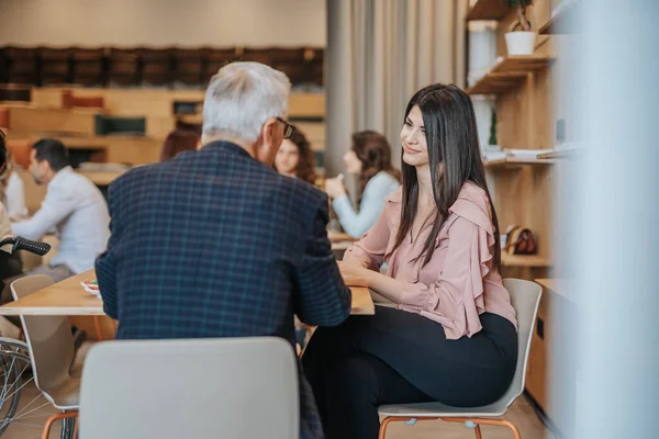 Elderly Man Sits Cafe Together His Colleague While Talk Work — Stock Photo, Image