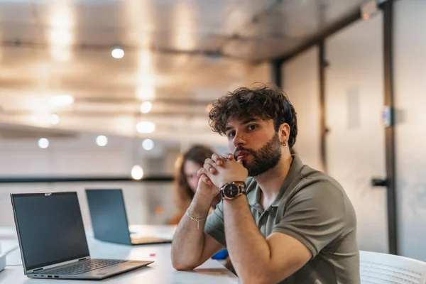 Concentrated Male Employee Listening His Project Manager Explaining Details His — Stock Photo, Image