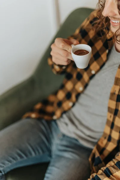 Long Haired Male Person Holding Cup Coffee Close Shot — Stock Photo, Image