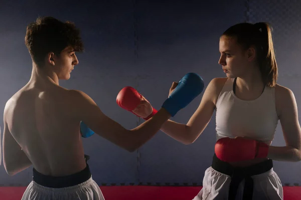 Nahaufnahme Von Zwei Jungen Karatisten Die Mit Ihren Karatehandschuhen Studio — Stockfoto