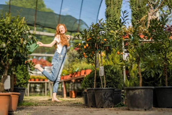 Mandalina Arasında Kameraya Poz Veren Gülen Bahçıvan Kız Elinde Kovası — Stok fotoğraf