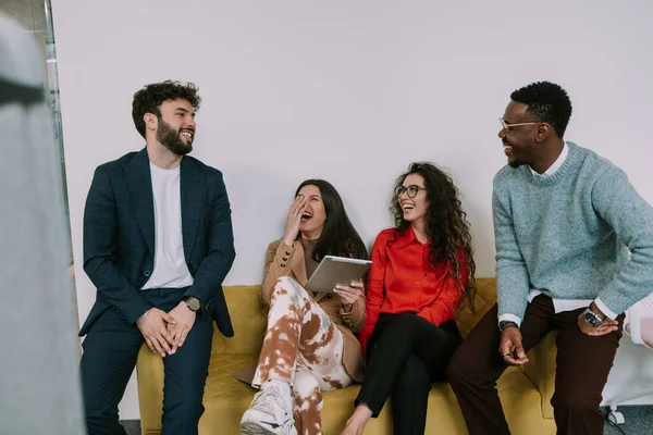 Diverse Group Young People Having Very Funny Conversation While Taking — Stock Photo, Image