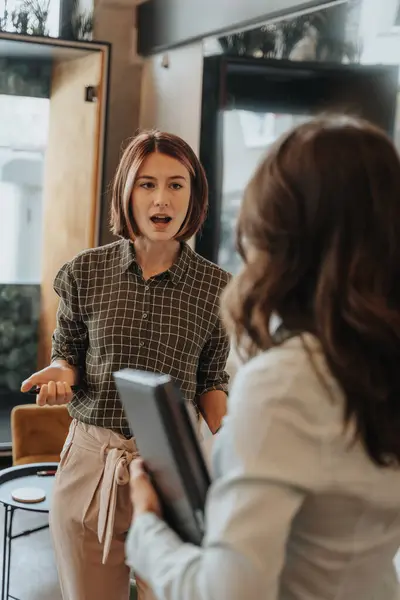 Worried Tired Short Haired Businesswoman Asking Her Colleague What She — Stock Photo, Image