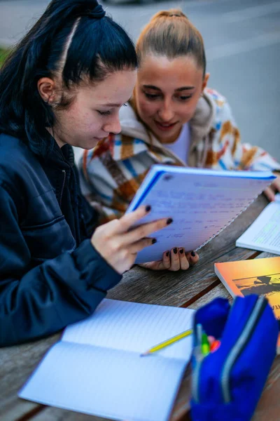 A高校ブロンド女の子あります助けています彼女のブルネット友人とともに彼女の宿題タスク — ストック写真