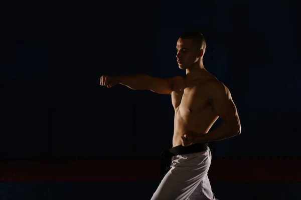 Närbild Snygg Ung Man Gör Tsuki Pose Karate Studio — Stockfoto