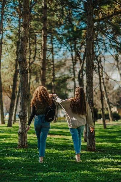 两个可爱的女孩 黑发和金发女郎 手牵手在公园里玩耍时的倒影 — 图库照片