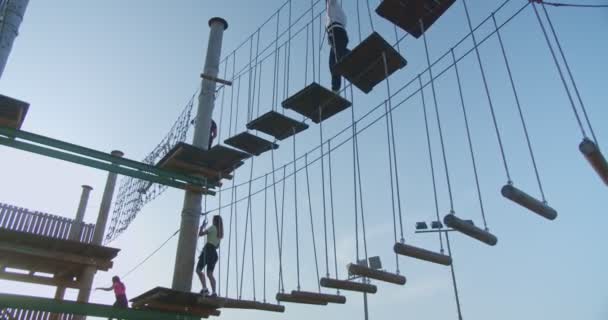 Gente Divirtiéndose Con Obstáculos Parque Adrenalina Vista Bajo Ángulo — Vídeo de stock