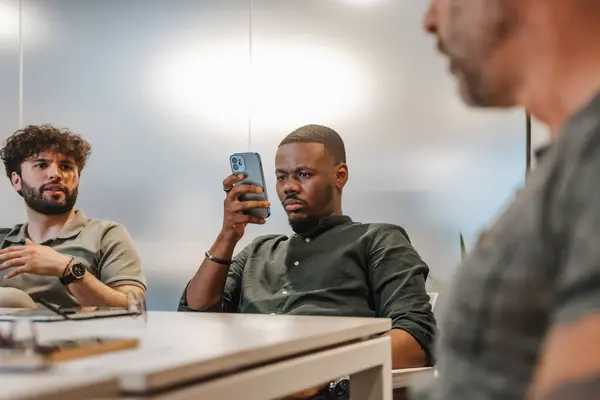 Handsome Black Male Person Scrolling Reading News Phone While Taking — Stock Photo, Image