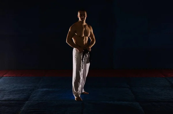 Silhouette Good Looking Young Man Posing While Standing Karate Studio — Stock Photo, Image