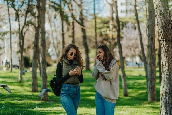 布鲁内特的女孩有一个电话 她卷发的朋友正在检查社交媒体 在公园里玩 — 图库照片