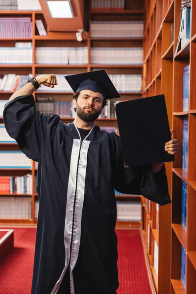 Young Male Graduate Wearing His Cap Gown Celebrating Getting His — Stock Photo, Image