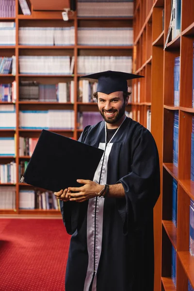 Excited Graduate Wearing Cap Gown Happy Receive His Bachelor Degree — Stock Photo, Image