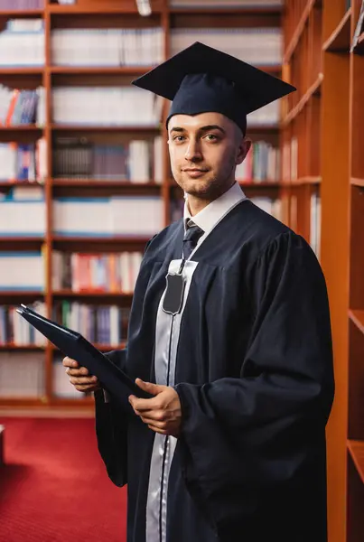 Smiling Happy Graduate Wearing Cap Gown His College Degree His — Stock Photo, Image