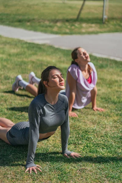 スポーティな女の子は屋外でトレーニングします 彼らは公園で彼らの脊椎を伸ばしています — ストック写真