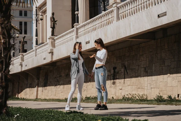 两个漂亮的黑发姑娘手牵手站在公园里互相交谈 — 图库照片