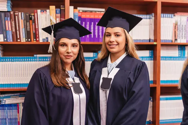 Two Young Beautiful Charming University Students Taking Photo Graduation Library — Stock Photo, Image