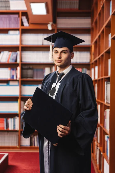 Young Beautiful Happy Man Holding His Bachelor Degree Library Graduation — Stock Photo, Image