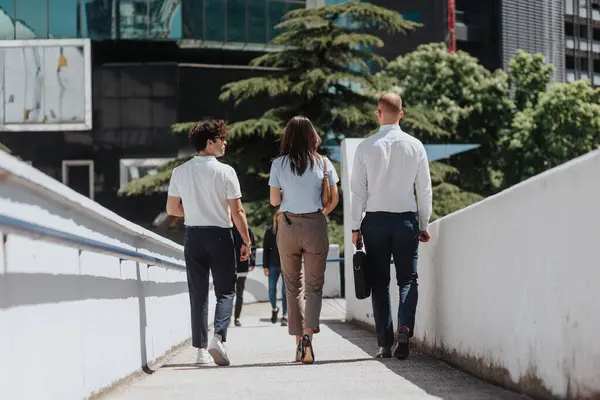 Tres Jóvenes Empresarios Caminando Por Camino Volvieron Hacia Atrás Hablando —  Fotos de Stock