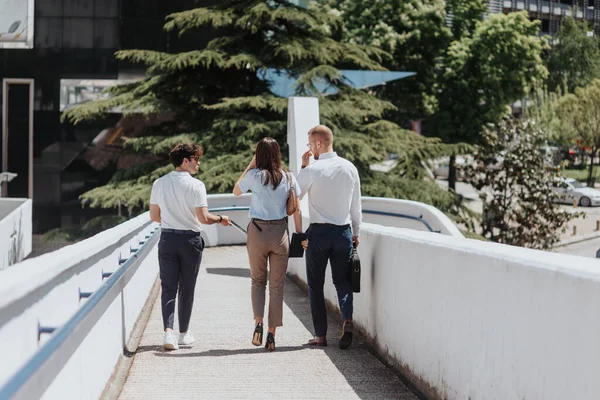 Tres Jóvenes Empresarios Caminando Por Camino Volvieron Hacia Atrás Hablando —  Fotos de Stock