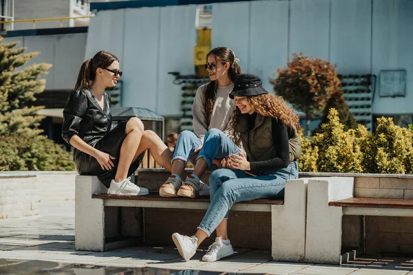 매력적인 소녀들은 그들의 친구들을 소문내며 웃습니다 그들은 공원에 벤치에 앉아있다 — 스톡 사진