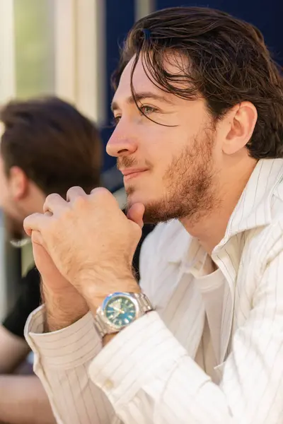 Portrait Beautiful Young Man Sunny Day His Hand His Chin — Stock Photo, Image