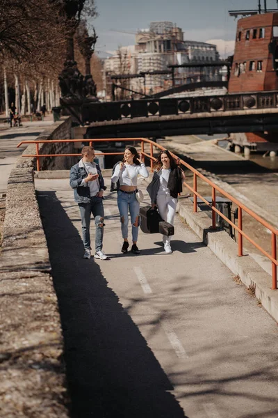 Three Best Friends Walking Next River City Talking — Stock Photo, Image