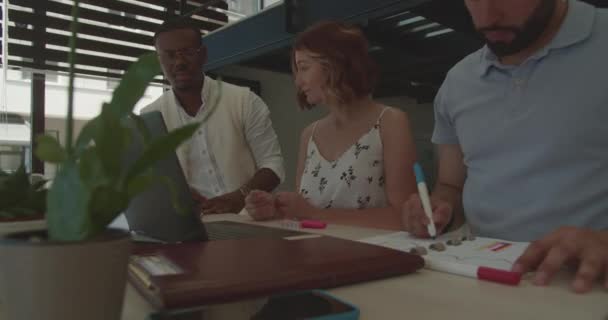Beyaz Siyah Arkadaşları Yazın Modern Bir Ofiste Birlikte Çalışıyorlar Yan — Stok video