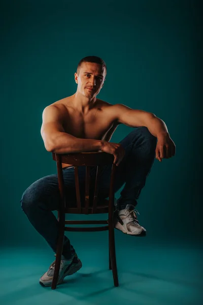 Smiley Strong Shirtless Male Person Posing While Sitting Chair Studio — Stock Photo, Image