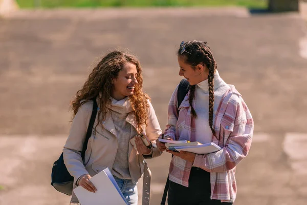 Vackra High School Flickor Som Håller Böcker Promenader Och Kul — Stockfoto