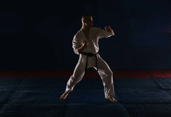 Silhuett Ung Karatist Med Svart Bälte Gör Några Karate Pose — Stockfoto