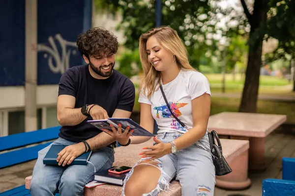 Happy Positive Couple University Colleagues Studying Together Sharing Ideas Joking — Stock Photo, Image