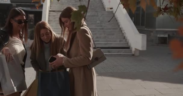 Güneşli Bir Günde Alışveriş Merkezinden Alışveriş Çantalarını Kontrol Eden Kızlar — Stok video