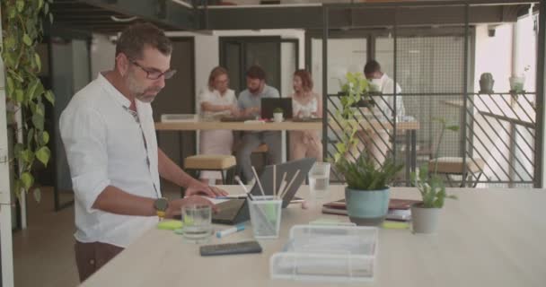 Vezető Férfi Menedzser Egyedül Dolgozik Asztalánál Míg Kollégái Együtt Dolgoznak — Stock videók