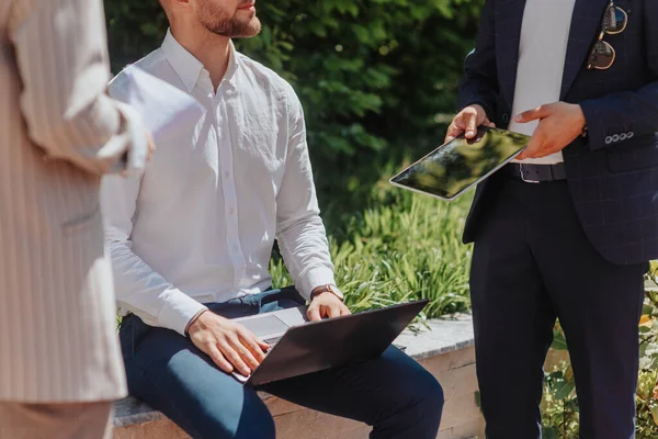 Cropped Photo Three Business People Discussing Work Businessman Holding Tablet — Stock Photo, Image