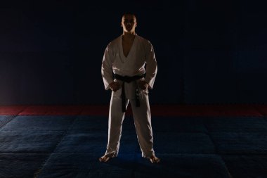 Silhouette of a teenage karate boy standing and doing the Uchi Hachiji Dachi at the karate studio clipart