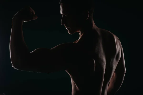 Man Showing His Back Left Arm Biceps Posing Dark Background — Stock Photo, Image