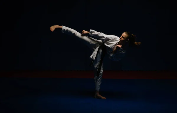 Silhouette Teen Girl Black Belt Doing Mawashi Geri Karate Studio — Stock Photo, Image