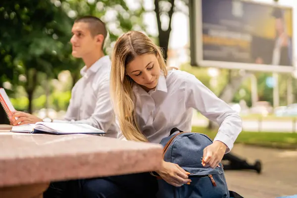Stunning Blonde Female Student Taking Pen Out Her School Bag — Stock Photo, Image