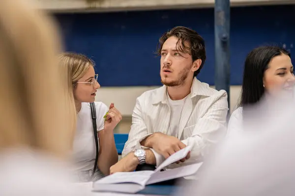 Young Male Female Students Discussing University Subject Exam — Stock Photo, Image