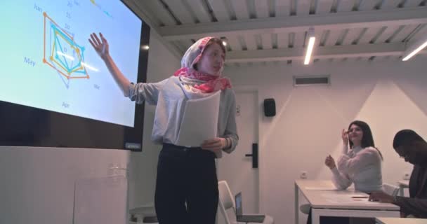 Ofis Sınıfında Tesettürlü Güzel Bir Müslüman Kadın Öğretmen Çeşitli Irklar — Stok video