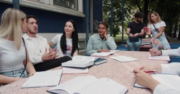 Diverse Large Group Students Talking Studies College Campus Sitting Bench — Stock Video