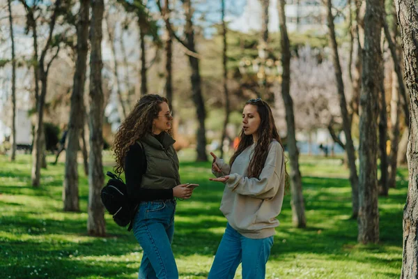 Two girls hanging out in the park. Brunette girl explaining something to her curly haired best friend