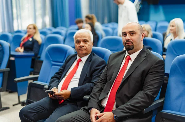 Two Adult Mature Professors Sitting Together Class Conference Room — Stock Photo, Image