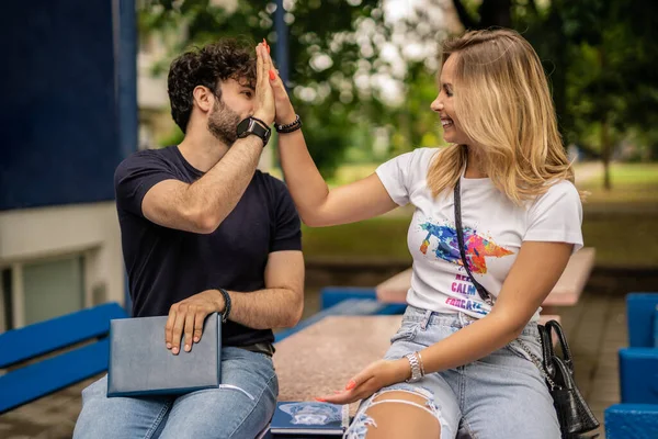 Happy University Students Giving High Five Each Other Smiling Successfully — Stock Photo, Image