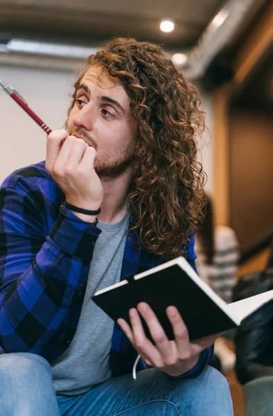 Handsome Male Employee Long Curly Hair Listening Carefully His Colleague — Stock Photo, Image