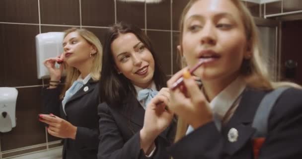 Female Students Combing Hair Putting Make Class Break University Toilet — Stock Video