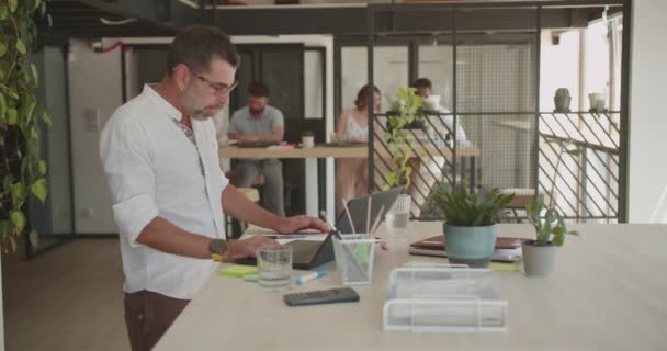 彼の同僚が夏の間にオフィスでバックグラウンドで一緒に働いている間 彼の机で一人で働くシニア男性マネージャー — ストック動画