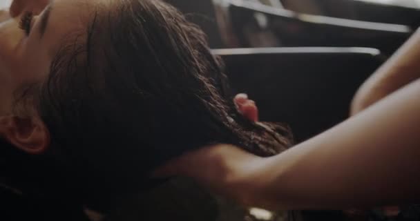 Brunette Meisje Wassen Haar Haar Voor Hairstyling Stabiel Uitzicht Vanuit — Stockvideo