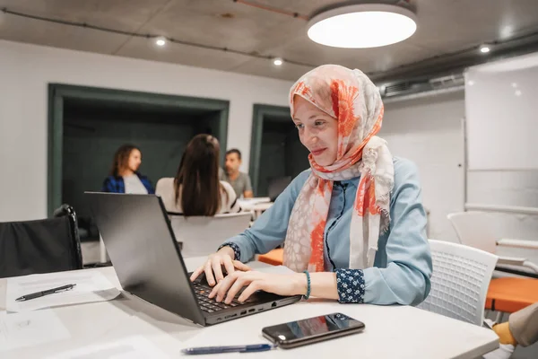 Lovely female muslim employee with slight smile on her face wearing hijab working on the lap top on a new business opportunity