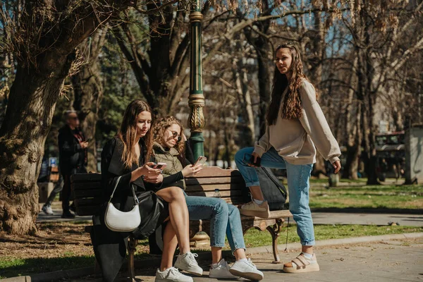 Три Красивые Девушки Отдыхают Парке Брюнетка Смотрит Стоит Ногой Скамейке — стоковое фото